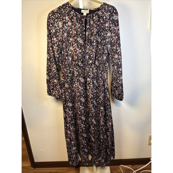 Boho Floral Midi Dress Cottagecore Peasant Prairie Dark Fairy Grunge Flowy L - Picture 1 of 7